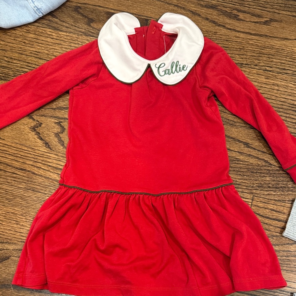 Girls Red Long-Sleeve Dress with Peter Pan Collar